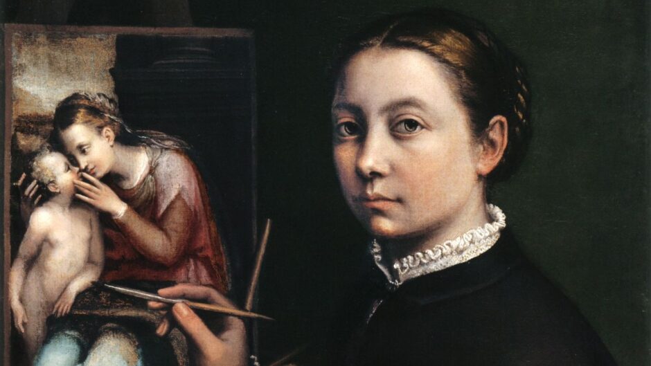 A woman is sat at an easel, painting a devotional scene, while she looks out at the viewer.