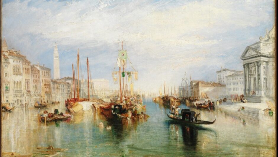 A vibrant harbour scene, showing a Venetian port filled with ships.