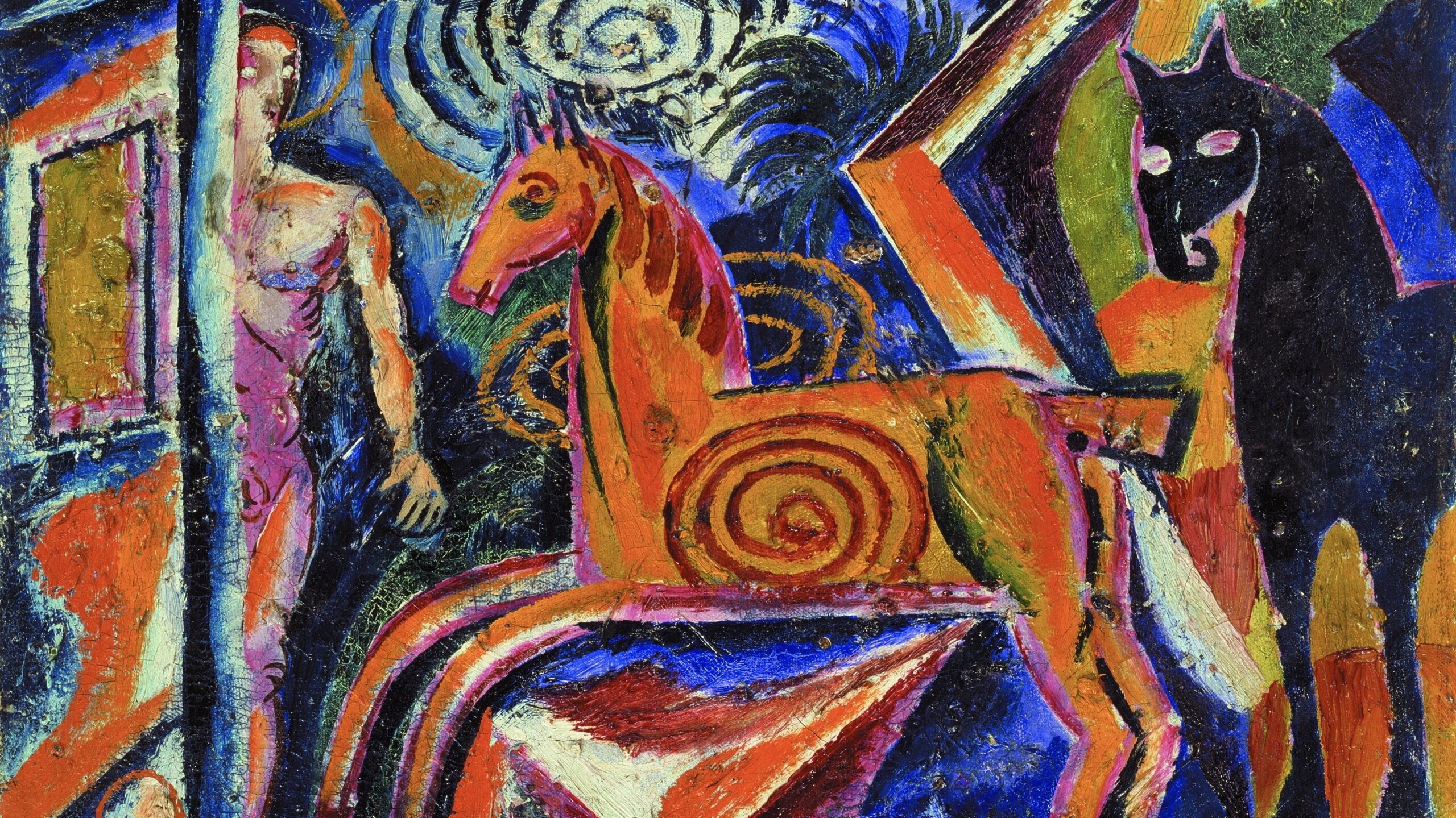 Brightly coloured abstract painting showing horses and human figures on a carousel