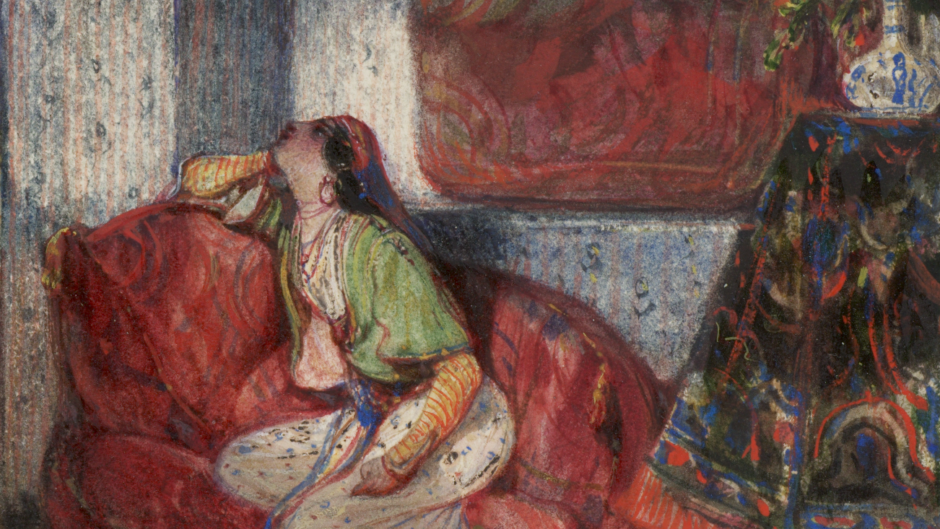 Alexandre-Gabriel Decamps (1803–1860), Odalisque in an interior with a parrot, 1830s. Watercolour and opaque watercolour on wove paper, 13.4 cm x 9.8 cm. © The Courtauld, London (Samuel Courtauld Trust)