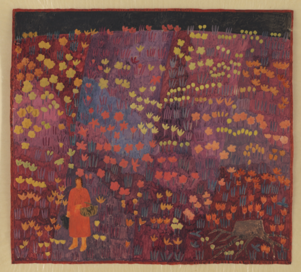 flowery pattern with the image of a woman on the left corner