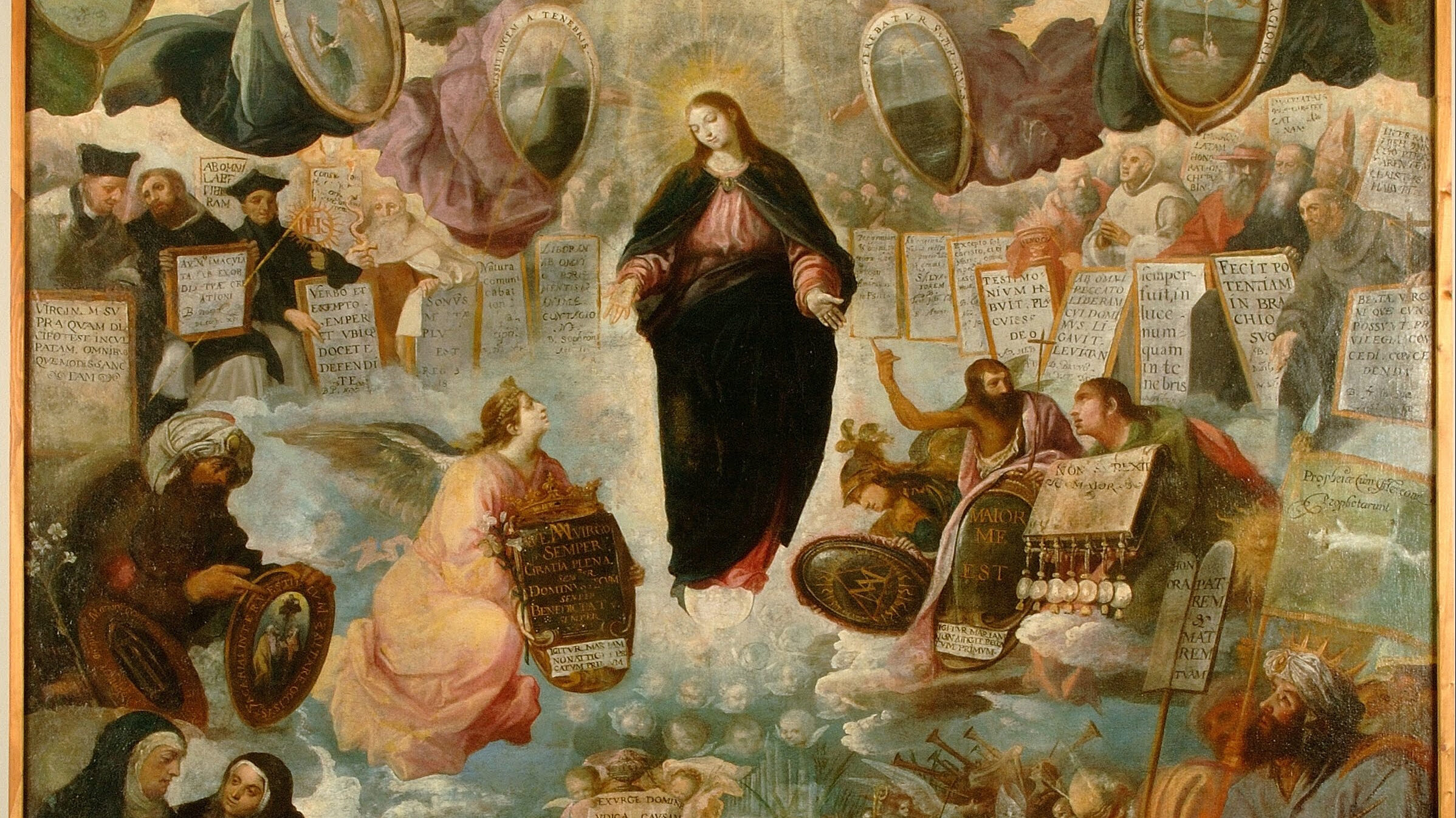 Large medieval painting depicting the virgin Mary central surrounded by religious figures including nuns and angels