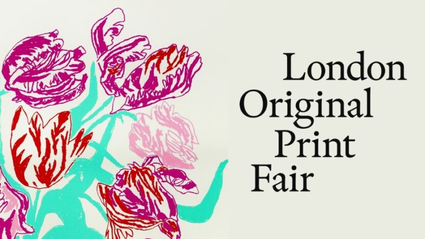 An image advertising London Original Print Fair 2023, with a vase of red flowers