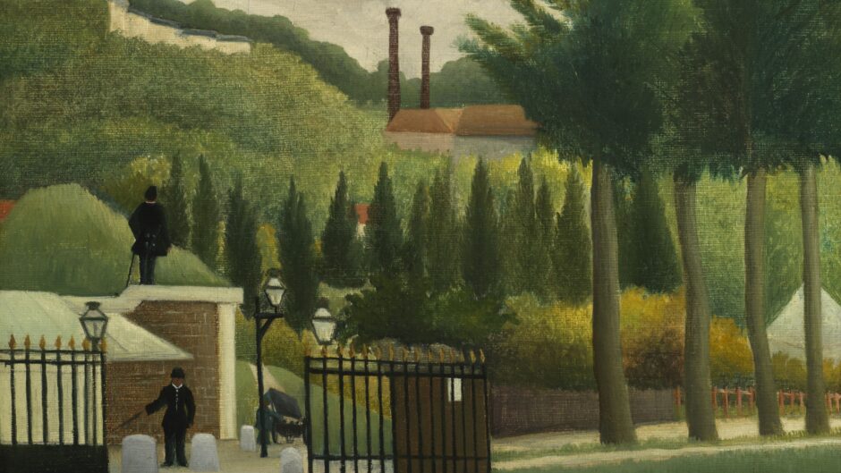 painting of a field of grass with a gate and some houses in the background
