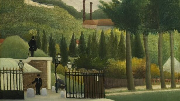 painting of a field of grass with a gate and some houses in the background