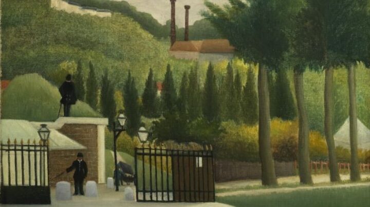 painting of a field of grass with a gate and some houses in the background