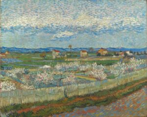 painting of a rural landscape with some peach trees in blossom
