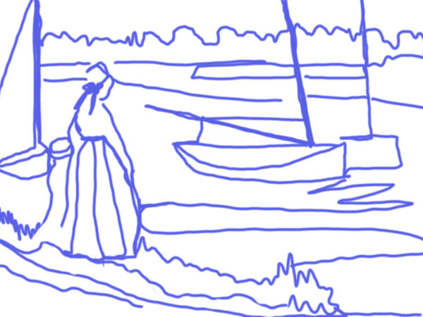 line drawing showing a woman and a child silouettes in front of a river