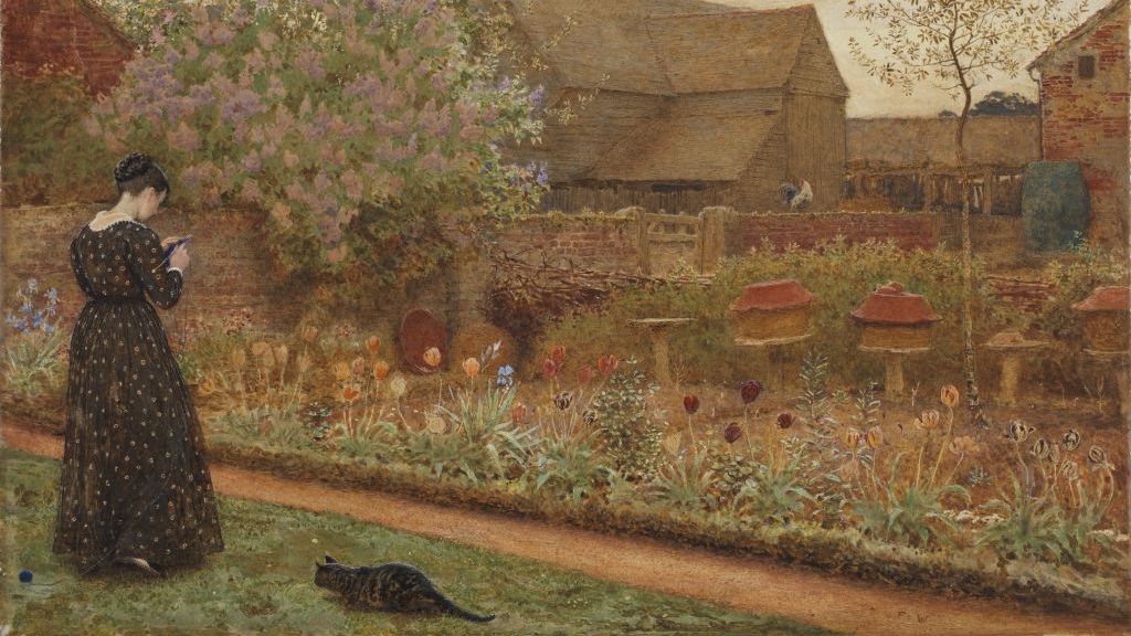 A woman is knitting in a garden, a cat crouching down beside her.