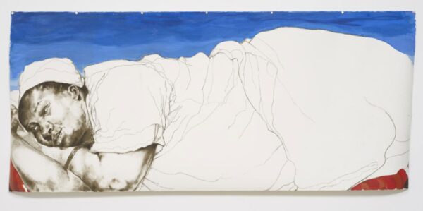 drawning of a black woman reclining on a chair against a blue background