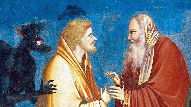 Section of a painting showing a grup of four men talking to each other with a depiction of a black devil standing at the back of one of the men