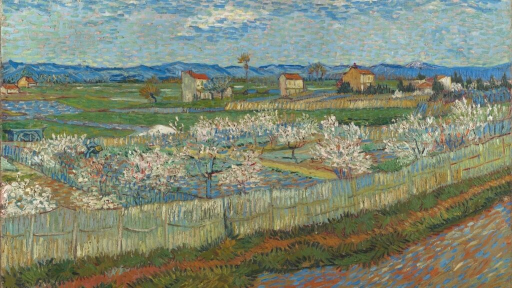 painting of a rural landscape with some peach trees in blossom