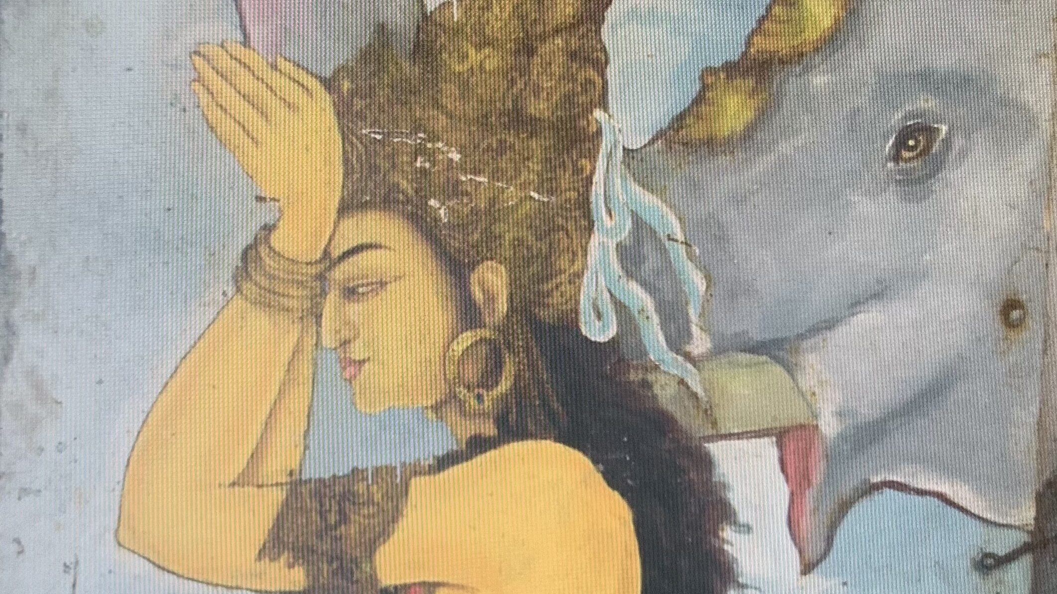 Painting showing a woman kneeling, with her hands in prayer on her forehead, in front of an elephant