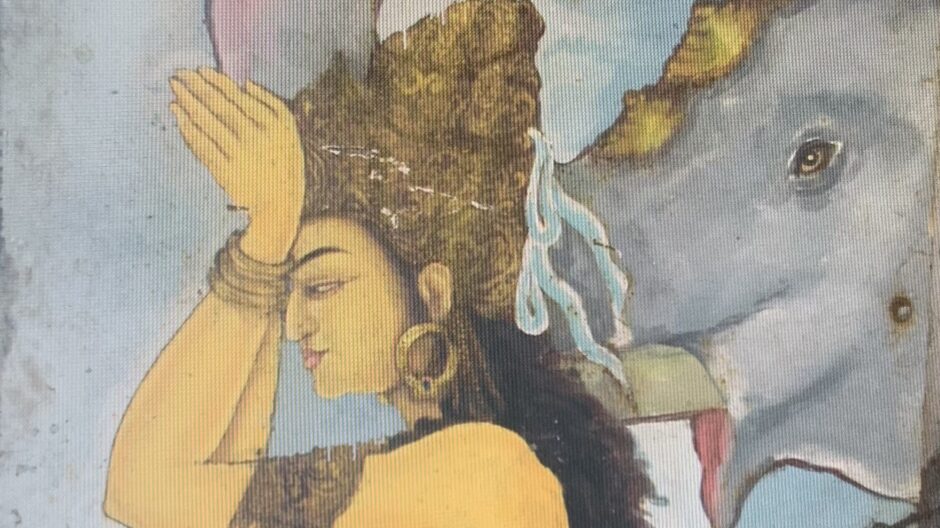 Painting showing a woman kneeling, with her hands in prayer on her forehead, in front of an elephant