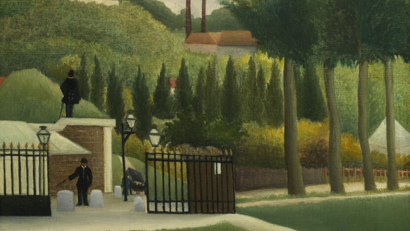 painting of a field of grass with a gate and some houses in the background