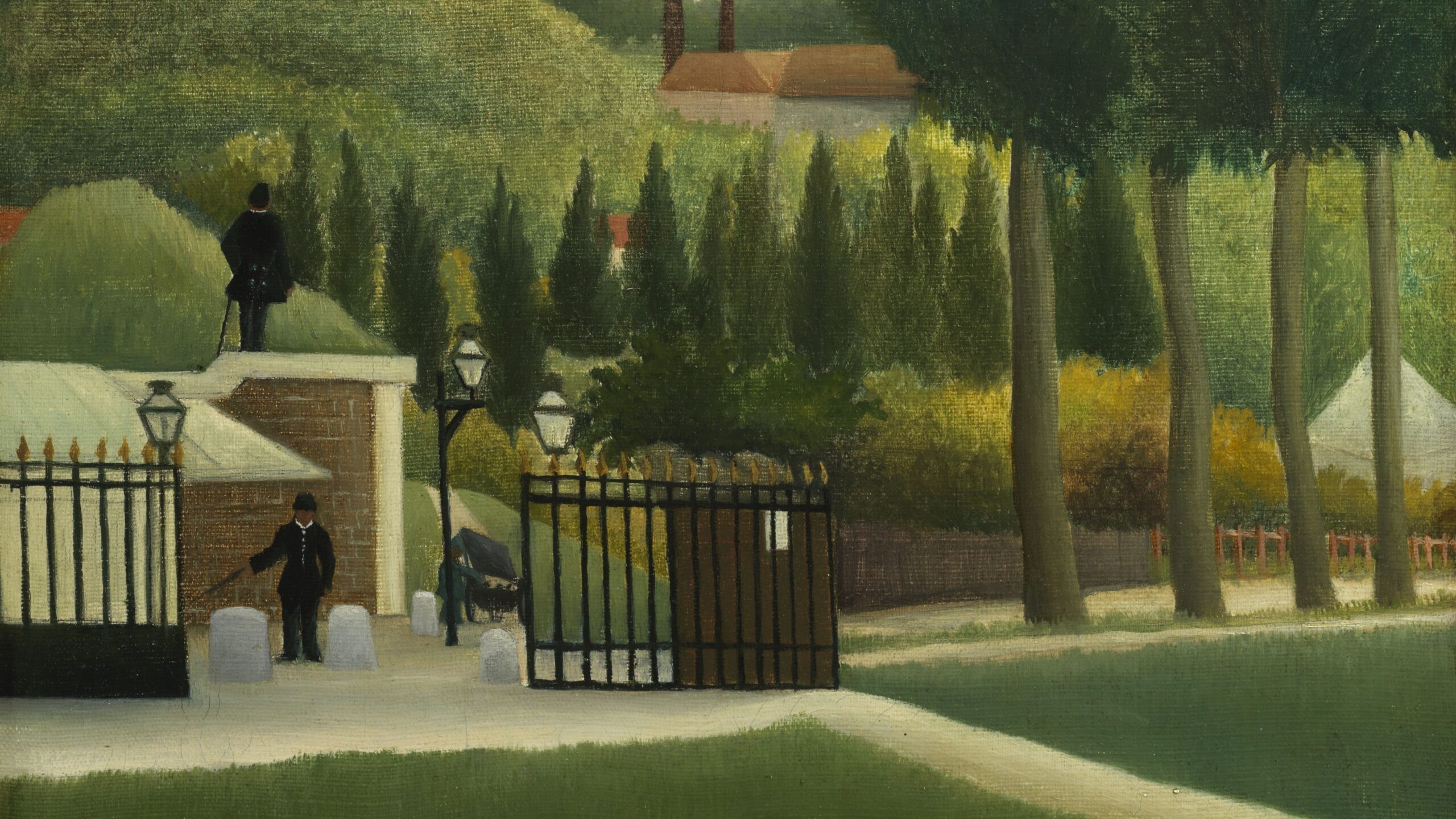 painting of a field of grass with a gate and some houses in the background