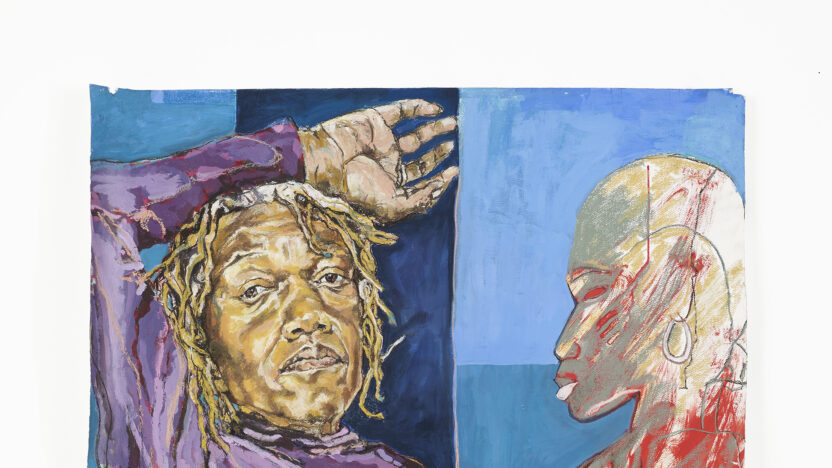 painting of a black person standing near a silouette of a woman