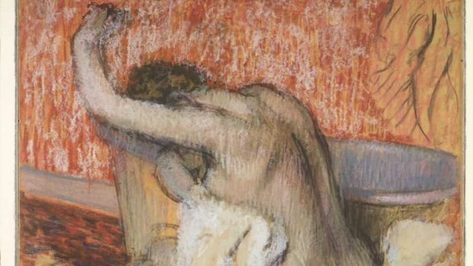 A drawing of a nude woman sitting on a red sofa atop a beige cushion, drying herself with a white towel. Her left arm is raised and her face obscured from the viewer. The background is fully red, and the sketch is an unblended charcoal, creating unusual graphic rhythms.