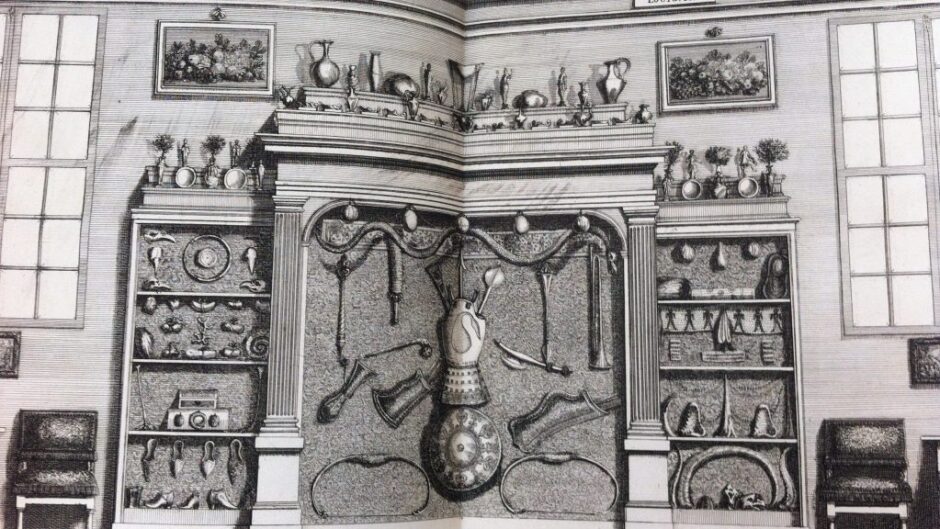 Black and white illustration of a mantlepiece