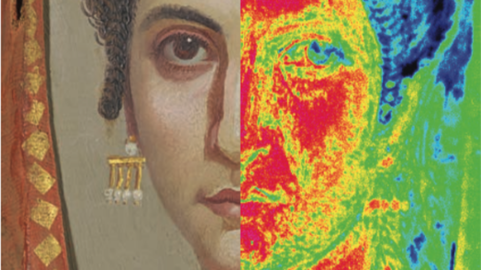 Image showing part of a portrait of a woman on the left side and an X-ray image of this on the right hand side.