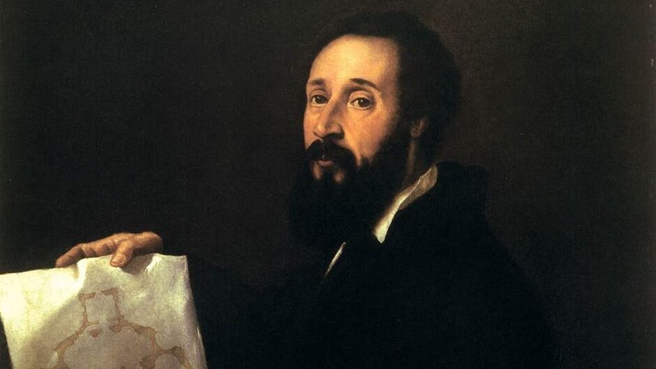 Giulio Romano holds and gestures towards an architectural plan.