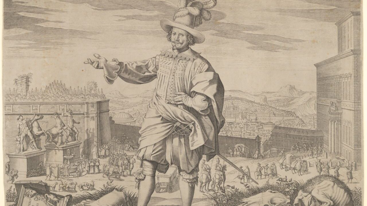 A well-dressed man gestures with his hand towards a landscape filled with Roman antiquities.