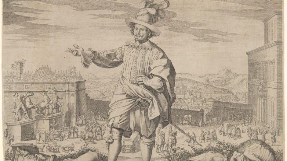 A well-dressed man gestures with his hand towards a landscape filled with Roman antiquities.