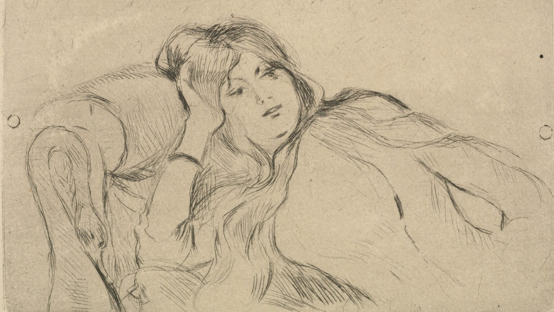 A drawing of a Young Woman with long hair reclining on a chaise lounge, propping up her head with her hand