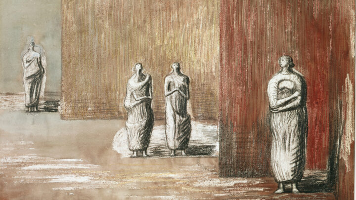 A pen and ink drawing with coloured pencils of four figures standing in a setting with brown walls