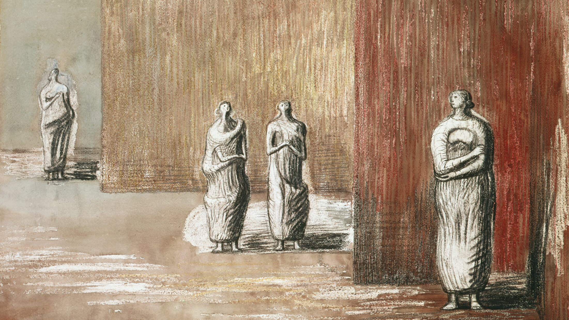A pen and ink drawing with coloured pencils of four figures standing in a setting with brown walls