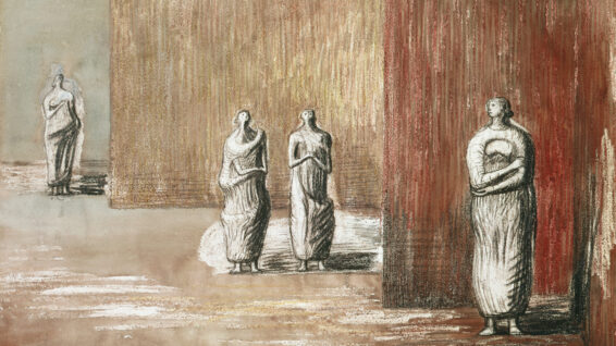 A pen and ink drawing with coloured pencils of four figures standing in a setting with brown walls
