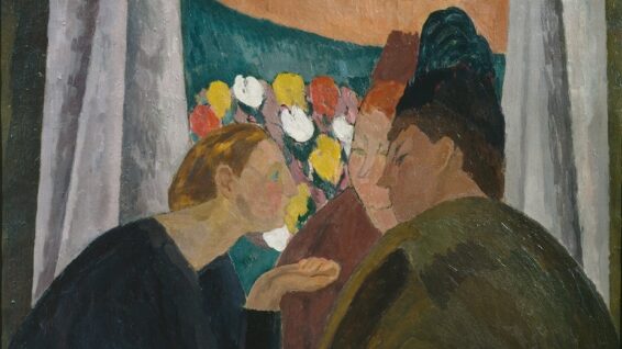 A painting of three women in conversation. The woman on the left leans into the other two in earnest discussion. They sit in front of an open window with a bouquet of flowers visible.