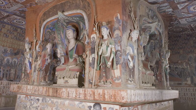 Photograph showing the inside of a Buddhist Temple