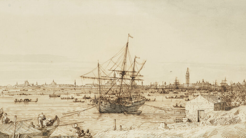 Etching in brown ink showing a very busy dock with a sailing ship prominently drawn in the foreground