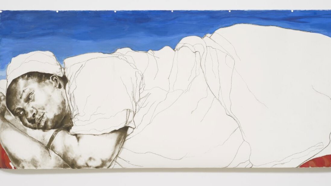 drawning of a black woman reclining on a chair against a blue background