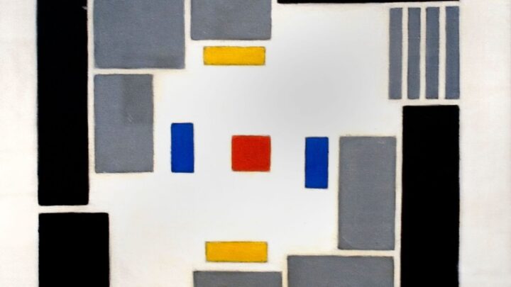 geometric grey black white blue yellow and red piece of art