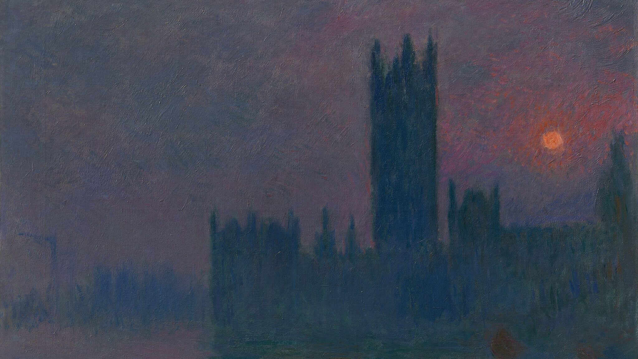 A painting of the houses of parliament with a purple sky and orange sun