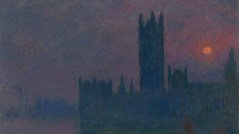 A painting of the houses of parliament with a purple sky and orange sun