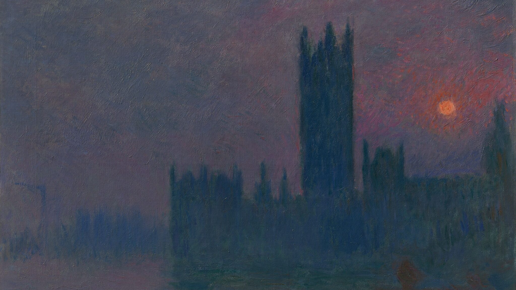 A painting of the houses of parliament with a purple sky and orange sun