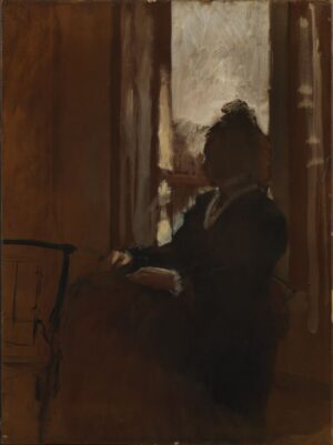 painting of a sitting woman staring at a window