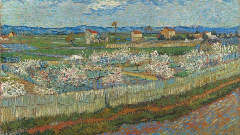 painting of a rural landscape with some peach trees in blossom