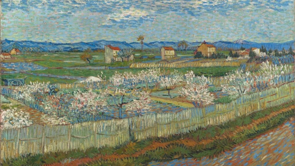 painting of a rural landscape with some peach trees in blossom