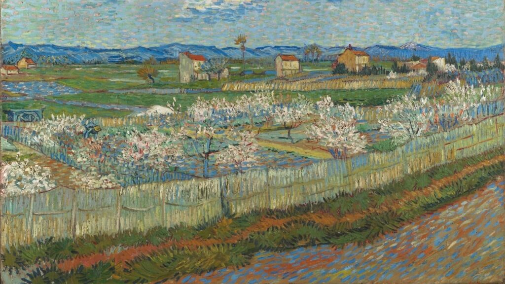 painting of a rural landscape with some peach trees in blossom