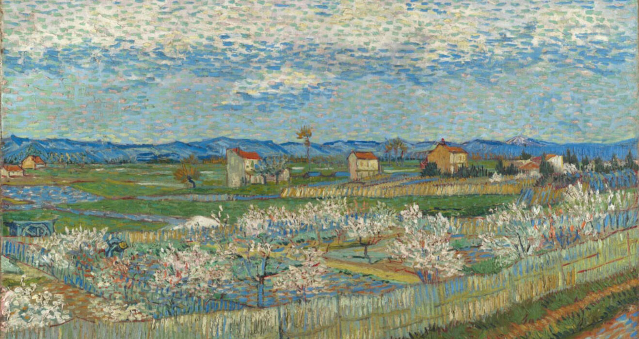 painting of a rural landscape with some peach trees in blossom
