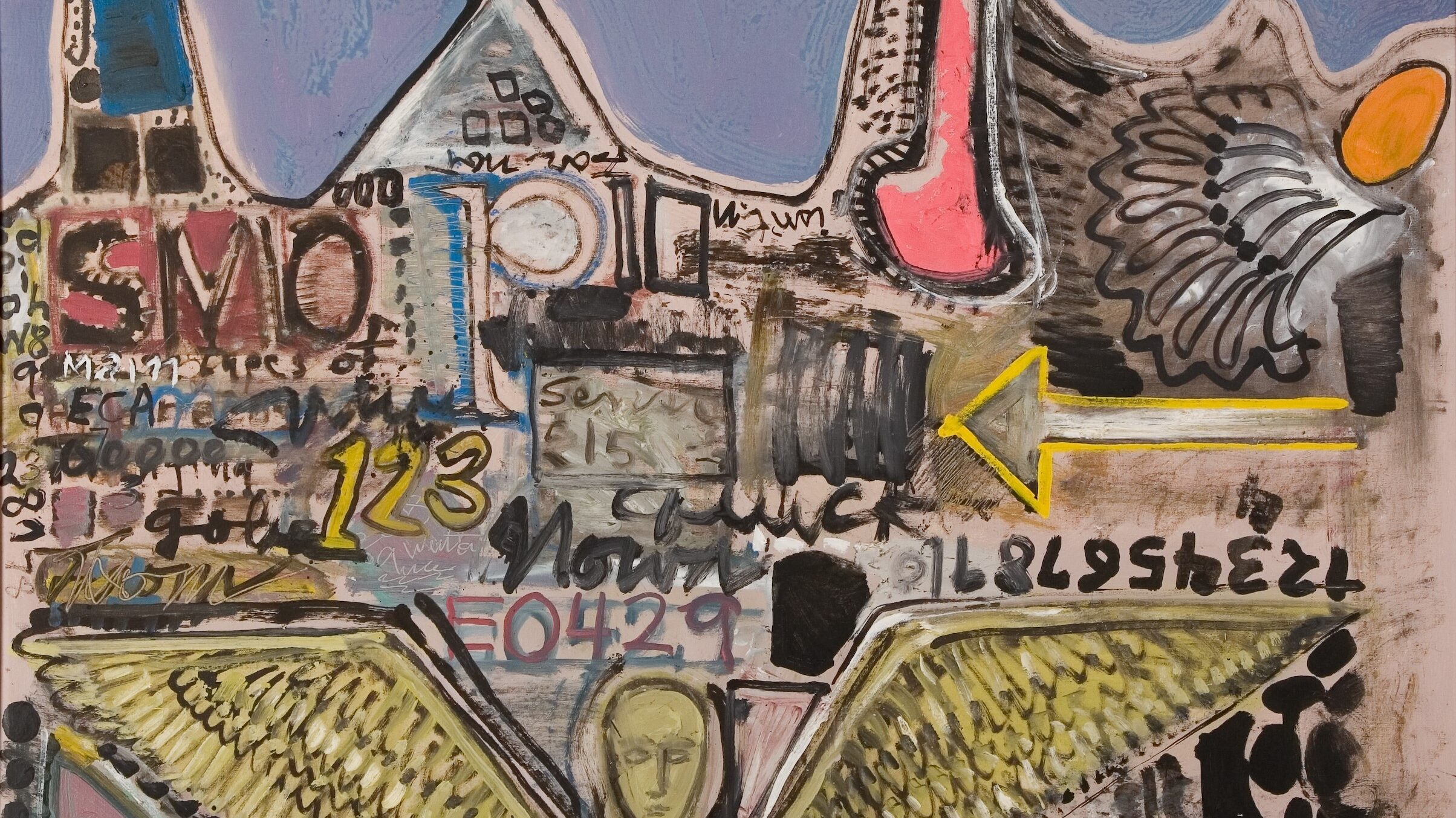 A painting depicting an angelic figure in pale green at the bottom of the page, with numbers and letters surrounding them. The sky is purple and black and they are set against a backdrop of volcanoes and mountains