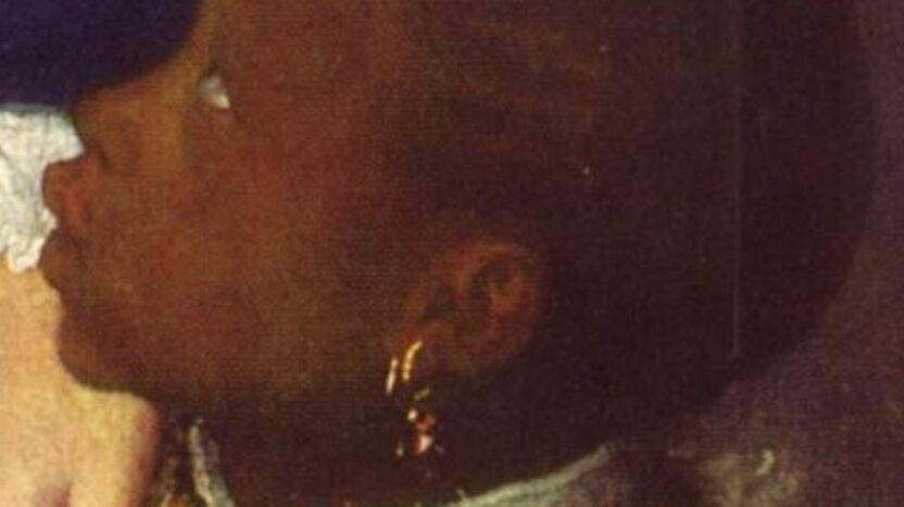 Section of a painting which shows a small Black boy looking up to a figure who is cut off