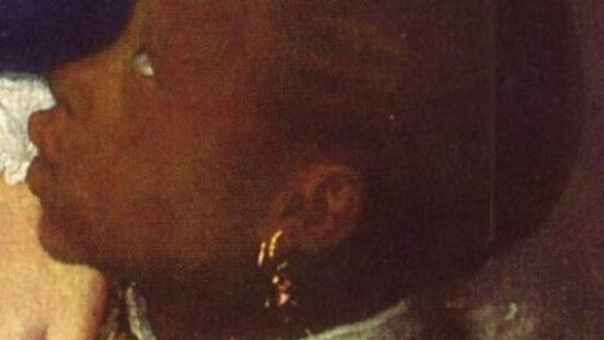 Section of a painting which shows a small Black boy looking up to a figure who is cut off