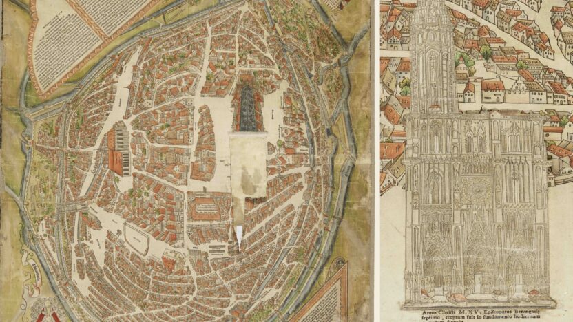 Medieval map and drawing showing a church with a large tower.