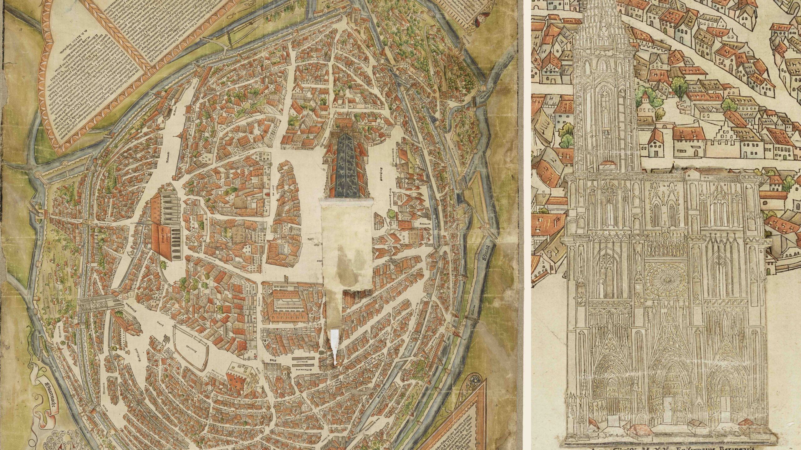 Medieval map and drawing showing a church with a large tower.