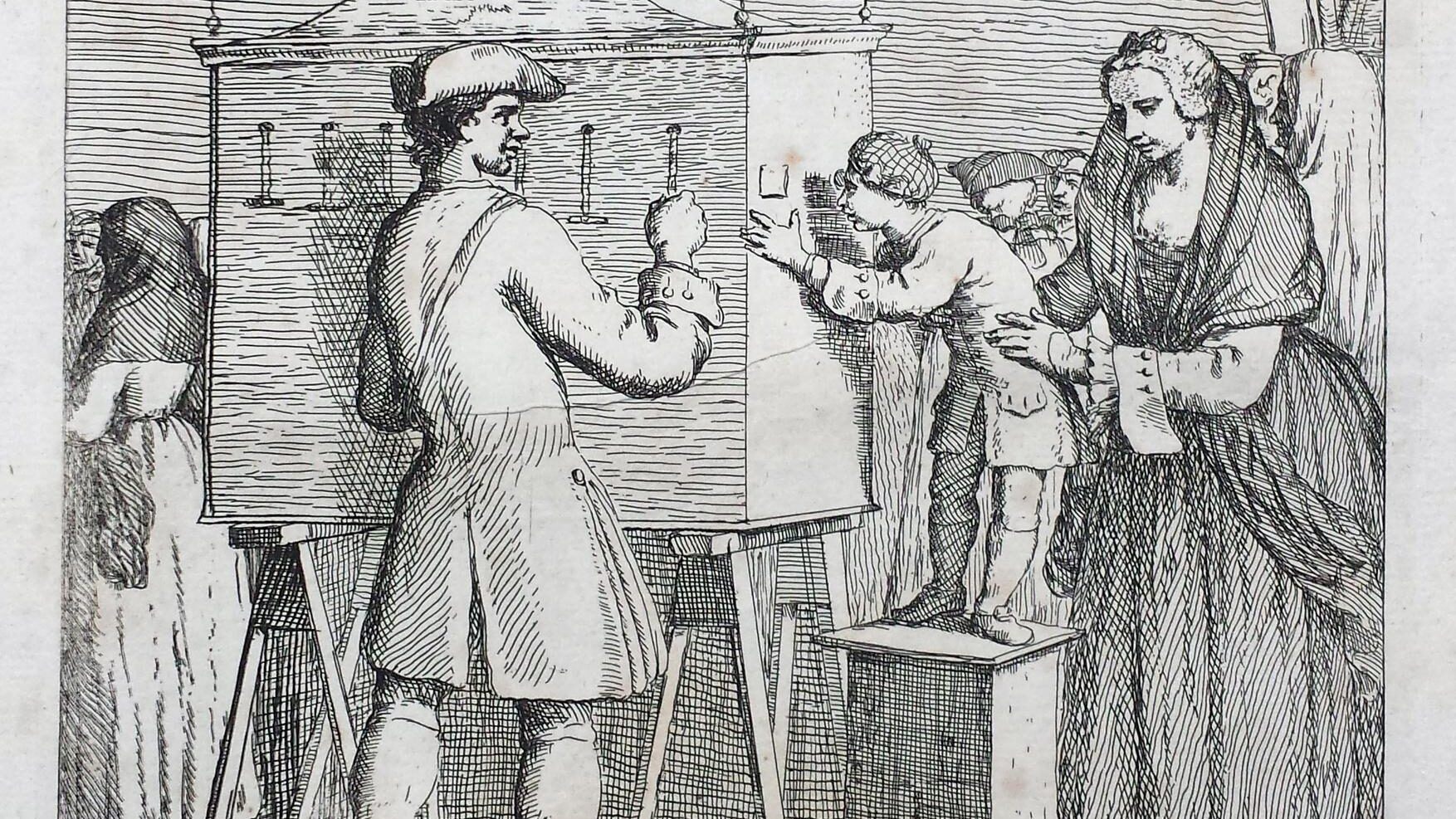 Black and white etching showing a small child looking into a box, while a woman holds him up